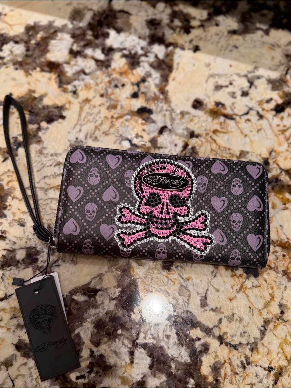 Ed Hardy NWT Black and Pink Skull Zip Around Wristlet Wallet